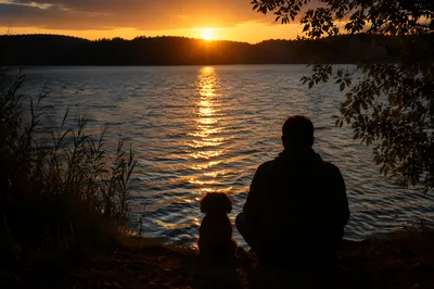 Contemplative Lakeside Silhouette at Golden Sunset