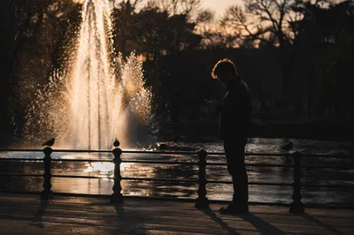 Solitary Silhouette by Sunset Fountain