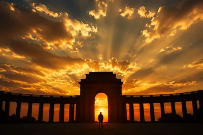 Silhouetted Figure Before Sunset Colonnade