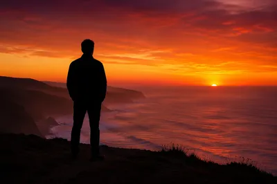 Solitary Silhouette on Coastal Bluff at Sunset