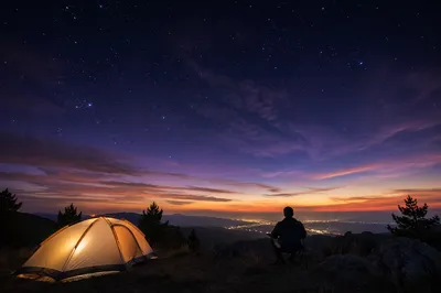 Solitary Camper Silhouette Under Twilight Stars