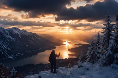 Solitary Silhouette Over Sunset Mountain Valley