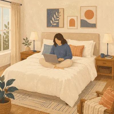 Focused Laptop Work in Warm Guest Room