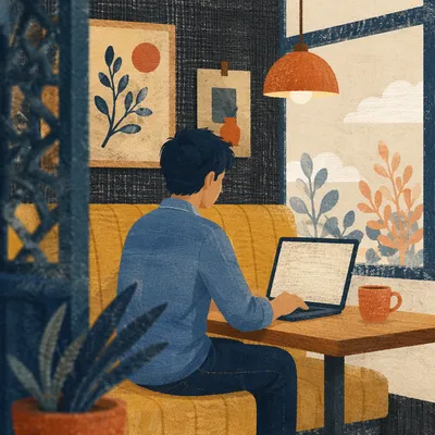 Focused Laptop Work in Quiet Cafe Booth
