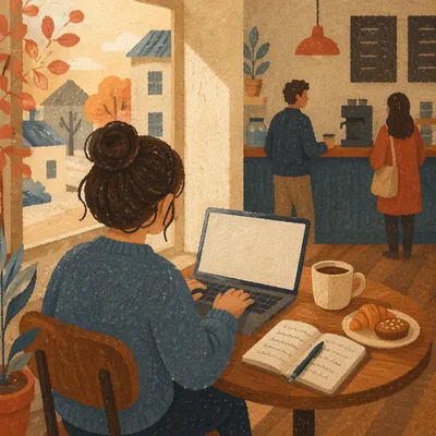 Focused Laptop Work in Cozy Cafe