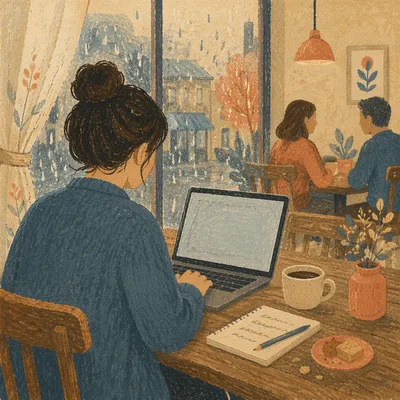 Focused Laptop Work in Cozy Cafe