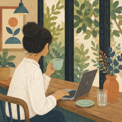 Focused Laptop Work in Quiet Cafe