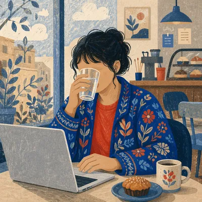 Focused Laptop Work in Cozy Cafe