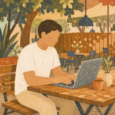 Focused Laptop Work at Outdoor Cafe