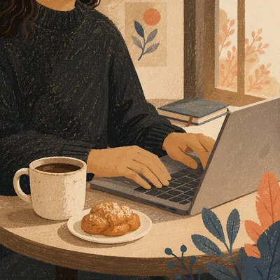 Focused Cafe Laptop Work with Coffee