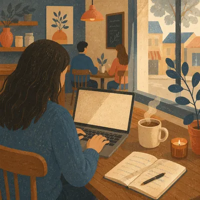 Focused Worker in Cozy Cafe Morning Light