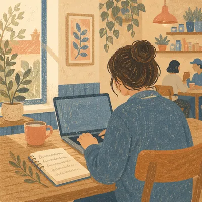 Focused Laptop Work in Cozy Cafe