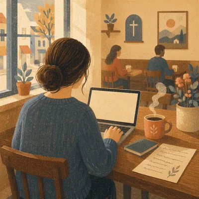 Focused Laptop Work in Cozy Cafe