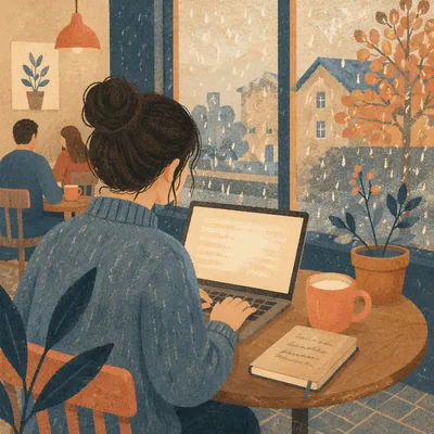 Focused Laptop Work in Rainy Cafe