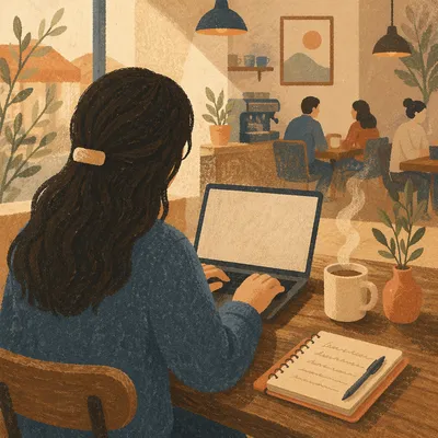 Focused Laptop Work in Cozy Cafe