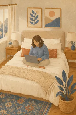 Focused Laptop Work in Cozy Guest Room
