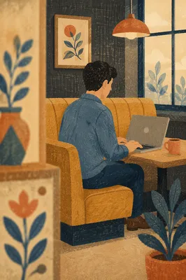 Focused Laptop Work in Quiet Cafe