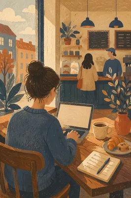 Focused Laptop Work in Cozy Cafe