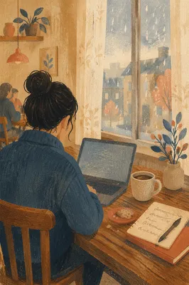 Focused Laptop Work at Cozy Cafe