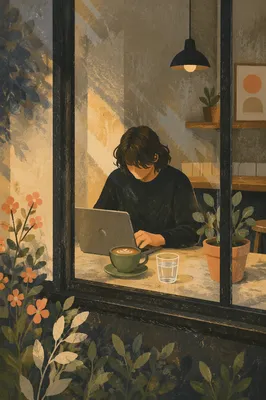Focused Laptop Work at Quiet Cafe