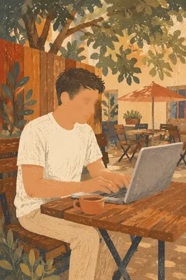Focused Laptop Work at Outdoor Cafe