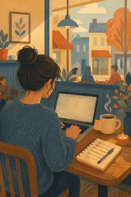 Focused Laptop Work in Cozy Cafe