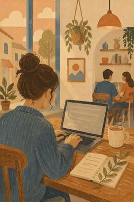 Focused Laptop Work in Peaceful Cafe