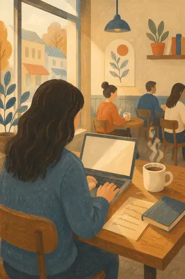 Focused Laptop Work in Cozy Cafe