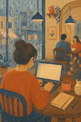 Focused Laptop Work in Rainy Café