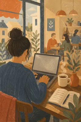 Focused Laptop Work in Cozy Cafe