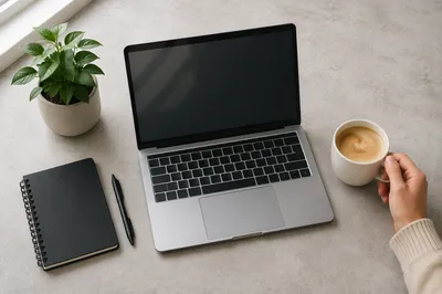 Focused Cafe Laptop Work Flat Lay