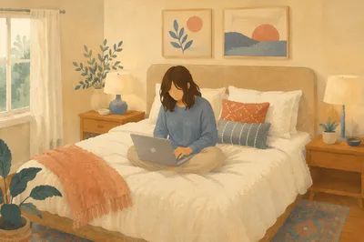 Focused Laptop Work in Warm Guest Room