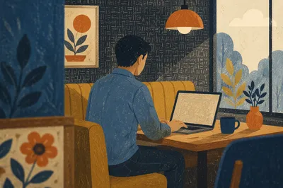 Focused Laptop Work in Quiet Cafe