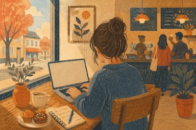 Focused Laptop Work in Cozy Cafe