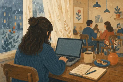 Focused Laptop Work in Cozy Cafe