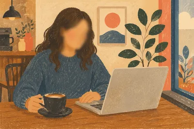 Focused Laptop Work at Cozy Cafe