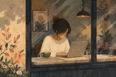 Focused Laptop Work at Cozy Cafe