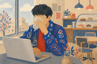Focused Laptop Work in Cozy Cafe