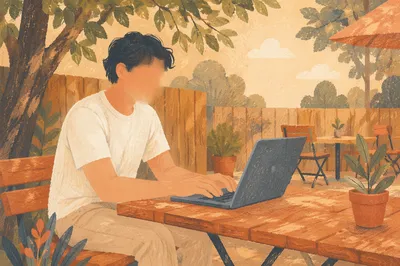 Focused Laptop Work at Outdoor Cafe