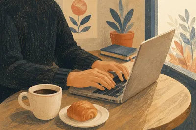Focused Cafe Work With Coffee and Journal