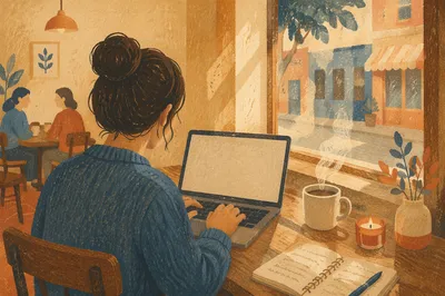 Focused Laptop Work in Cozy Cafe