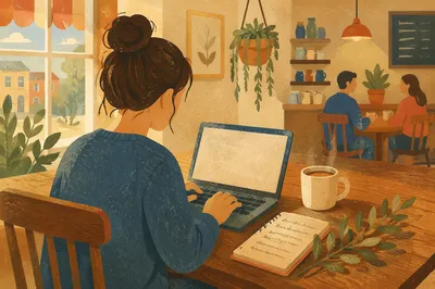 Focused Laptop Work in Cozy Cafe