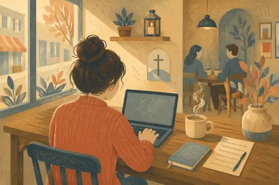 Focused Laptop Work in Cozy Cafe