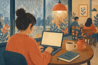 Focused Laptop Work in Rainy Cafe
