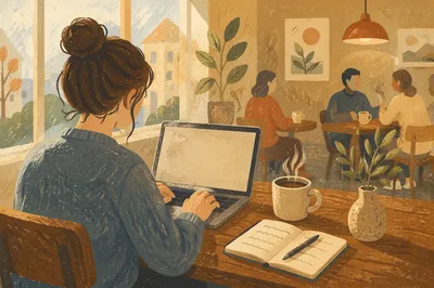 Focused Laptop Work in Cozy Cafe