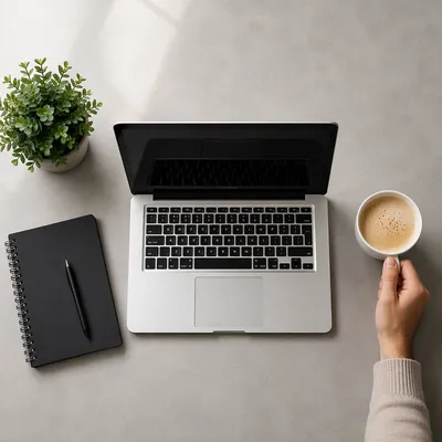 Focused Cafe Laptop Work Flat Lay