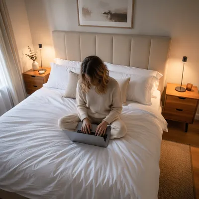 Focused Laptop Work in Warm Guest Room