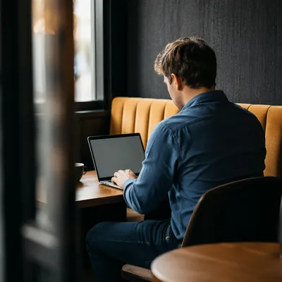Focused Laptop Work in Quiet Cafe