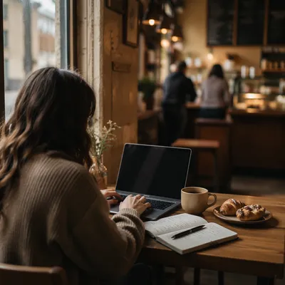 Focused Laptop Work in Cozy Cafe