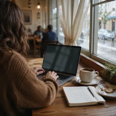 Focused Laptop Work in Cozy Cafe